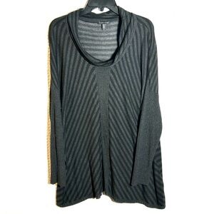 Eileen Fisher Boxy Sweater Striped Scrunch Neck Black Gray Cozy Chic Womens Sz L